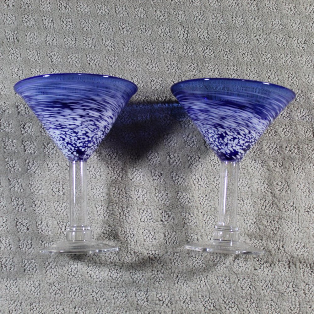 Set of 2 Mexican Hand-Blown Cobalt Blue with White Speckle Martini Glasses